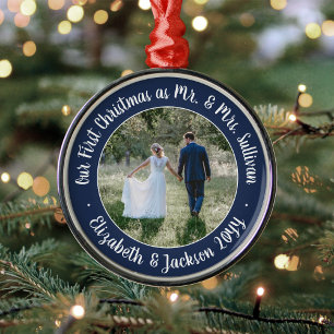 Mr & Mrs 1:a julen Photo Script Navy and White Julgransprydnad Metall