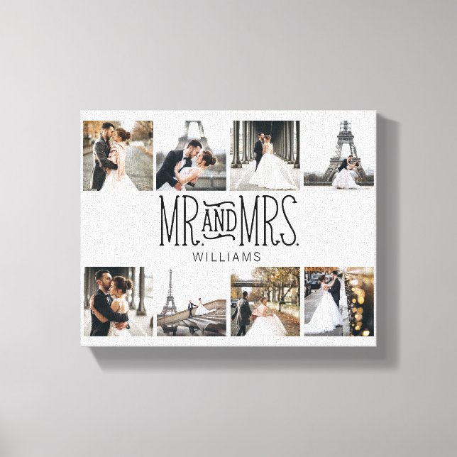 Mr. & Mrs. 8 Photo Hand Lettered Monogram Canvastryck (Framsida)