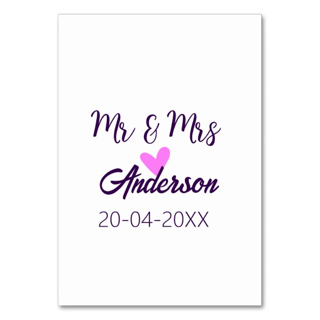 Mr & Mrs add family namn date year bröllopsförmån  Bordsnummer (Framsidan)