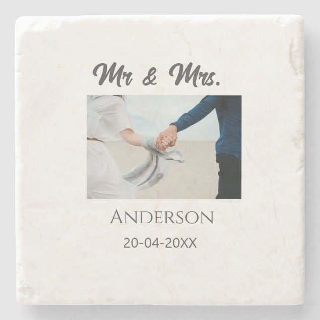 Mr & Mrs add family namn date year bröllopsförmån  Stenunderlägg (Framsidan)