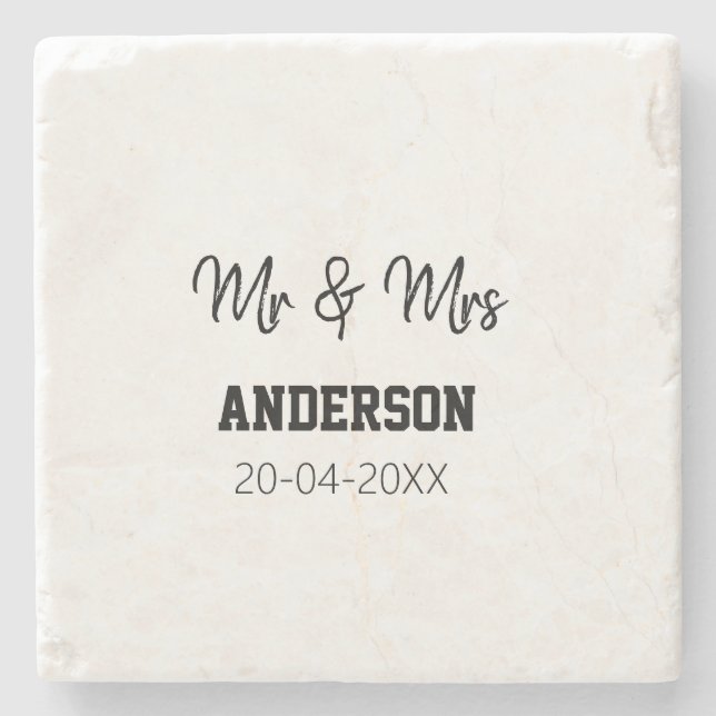 Mr & Mrs add family namn date year bröllopsförmån  Stenunderlägg (Framsidan)