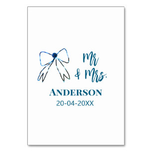 Mr & Mrs add namn date bröllopsförmån böj blå gree Bordsnummer