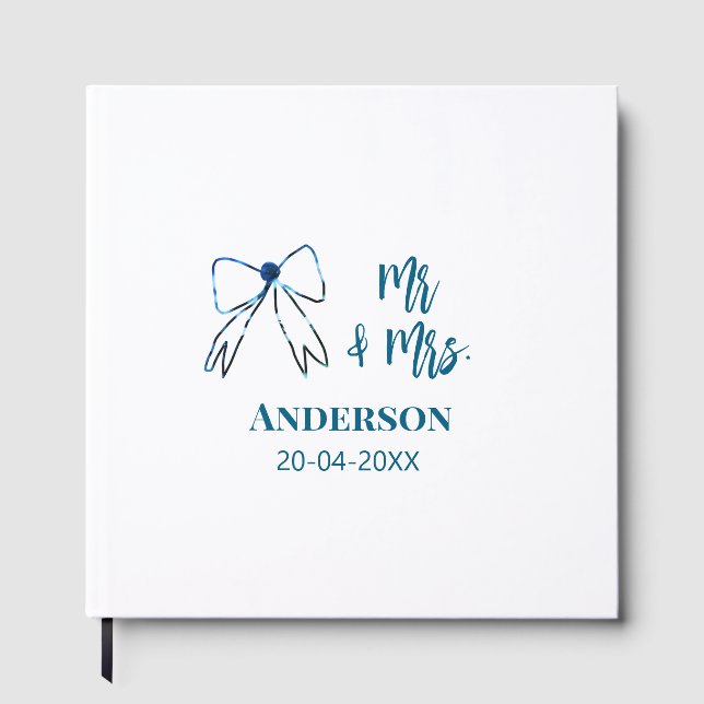 Mr & Mrs add namn date bröllopsförmån böj blå gree Gästböcker (Framsida)