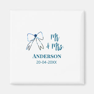Mr & Mrs add namn date bröllopsförmån böj blå gree Magnet