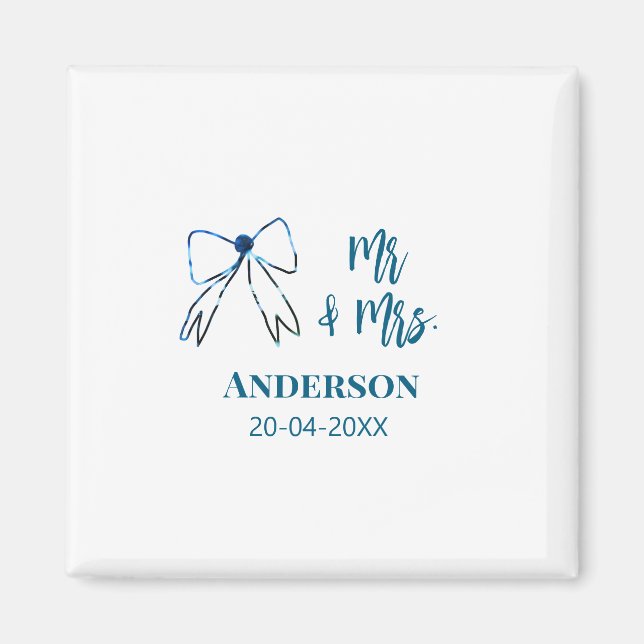 Mr & Mrs add namn date bröllopsförmån böj blå gree Magnet (Framsidan)