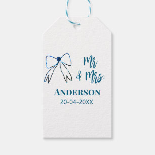 Mr & Mrs add namn date bröllopsförmån böj blå gree Presentetikett