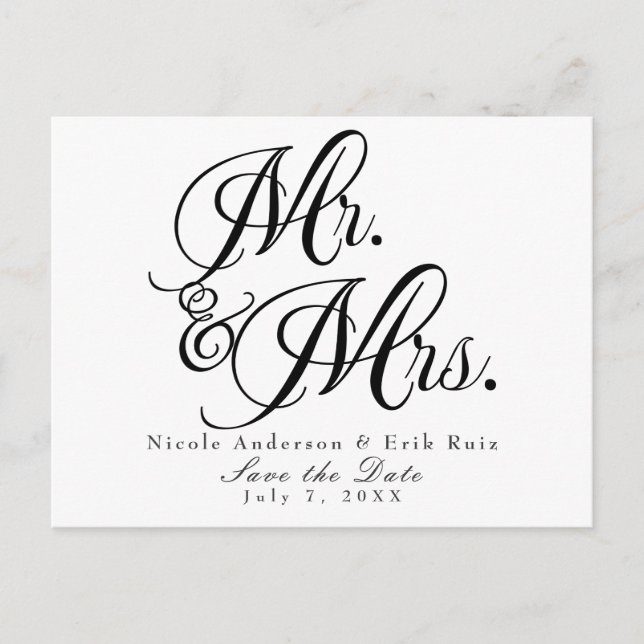 Mr & Mrs Black White Spara datuminbjudan Meddelande Vykort (Framsida)