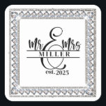 Mr. & Mrs. Custom Name Sticker Fyrkantigt Klistermärke<br><div class="desc">This square shape sticker is shown with a custom name Mr. & Mrs. print,  personalize and change the name and year to yours with this template.</div>