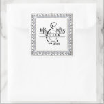 Mr. & Mrs. Custom Name Sticker Fyrkantigt Klistermärke<br><div class="desc">This square shape sticker is shown with a custom name Mr. & Mrs. print,  personalize and change the name and year to yours with this template.</div>
