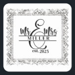 Mr. & Mrs. Custom Name Sticker Fyrkantigt Klistermärke<br><div class="desc">This square shape sticker is shown with a custom name Mr. & Mrs. print,  personalize and change the name and year to yours with this template.</div>