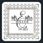 Mr. & Mrs. Custom Name Sticker Fyrkantigt Klistermärke<br><div class="desc">This square shape sticker is shown with a custom name Mr. & Mrs. print,  personalize and change the name and year to yours with this template.</div>