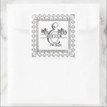 Mr. & Mrs. Custom Name Sticker Fyrkantigt Klistermärke<br><div class="desc">This square shape sticker is shown with a custom name Mr. & Mrs. print,  personalize and change the name and year to yours with this template.</div>