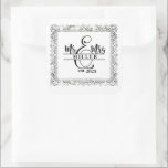 Mr. & Mrs. Custom Name Sticker Fyrkantigt Klistermärke<br><div class="desc">This square shape sticker is shown with a custom name Mr. & Mrs. print,  personalize and change the name and year to yours with this template.</div>