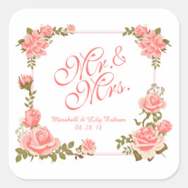 Mr. & Mrs Elegant Blommigt Bröllop Sticker Seal Fyrkantigt Klistermärke