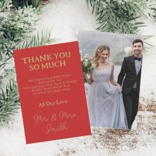 Mr & Mrs Elegant Guld Script Bröllop Photo Red Tack Kort