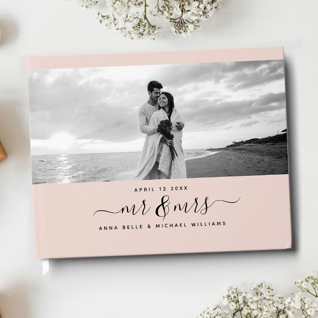 Mr & Mrs Elegant Script  Rosa Photo Bröllop Gästböcker (Skapare uppladdad)