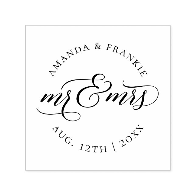 Mr & Mrs. | Elegant Skriptet Bröllop Date & Namn Självfärgande Stämpel (Design)