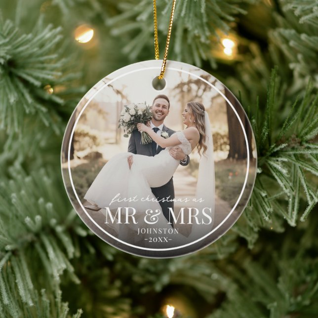 Mr & Mrs First Chirstmas Boarder Custom Photo  Julgransprydnad Keramik (Träd)