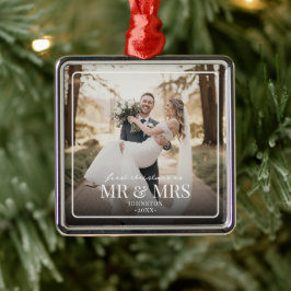 Mr & Mrs First Chirstmas Boarder Custom Photo  Julgransprydnad Metall
