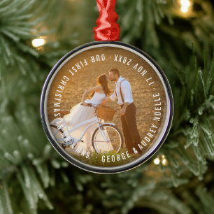 Mr & Mrs First jul Circle Text Bröllop Photo Julgransprydnad Metall