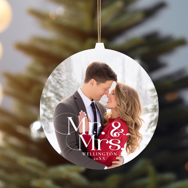 Mr & Mrs First-jul Married Photo Julgransprydnad Keramik (Mr & Mrs First Christmas Married Photo Ceramic Ornament)