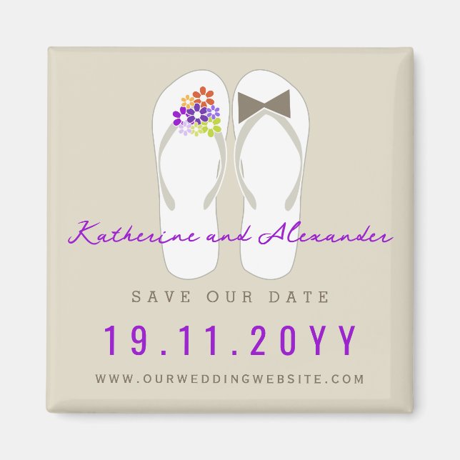 Mr & Mrs Flip Flops Strandbröllop Spara Datum Magnet (Framsidan)
