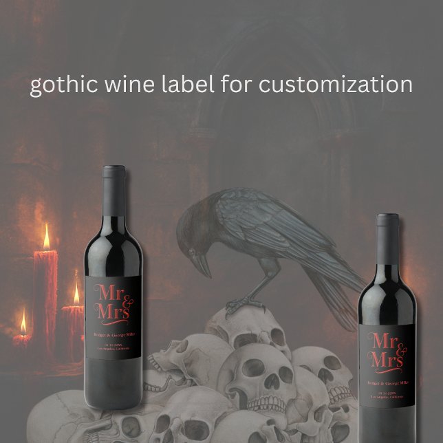 Mr & Mrs Gothic Bröllop - Red Metallic script Vinflaska Etikett (Skapare uppladdad)
