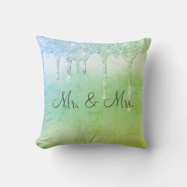 Mr. & Mrs Grönt Glitter Keepsakes Elegant Kudde (Framsida)
