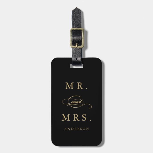 Mr & Mrs in Black & Guld | Bagagetagg Bagagebricka (Vertikal Framsida)