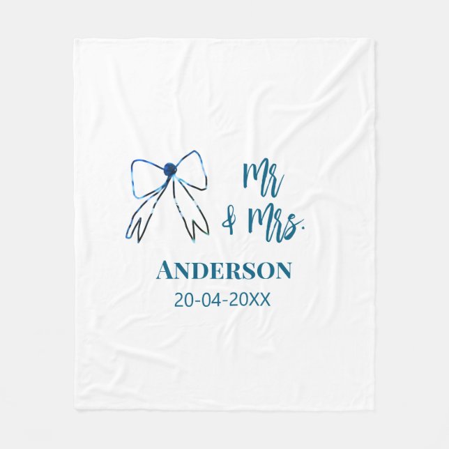 Mr & Mrs lägg till namn datum bröllopsgåva bow blå Fleecefilt (Framsidan)