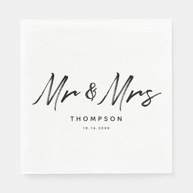 Mr. & Mrs Modern Black White Script Bröllop Pappersservett (Framsidan)