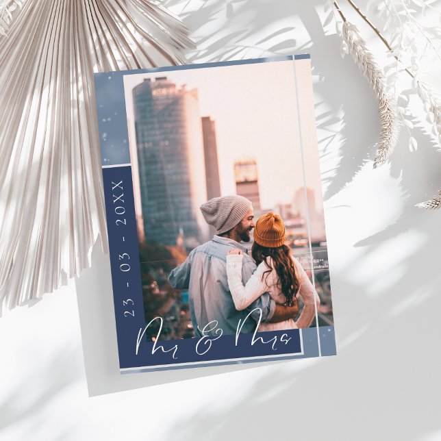 Mr & Mrs Navy Blue White Script Photo Spara Datumet (Skapare uppladdad)