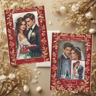 Mr & Mrs Nygifta Jul Guld Foliage 4 Bilder Julkort