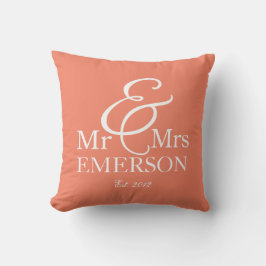 "Mr & Mrs" personlig koral & white Kudde