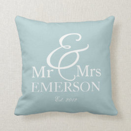 Mr & Mrs. personlig ljusblå och vit Kudde