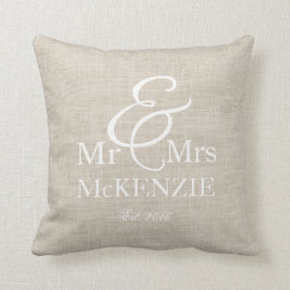 "Mr & Mrs" personlig med faux burlap backgroun Kudde