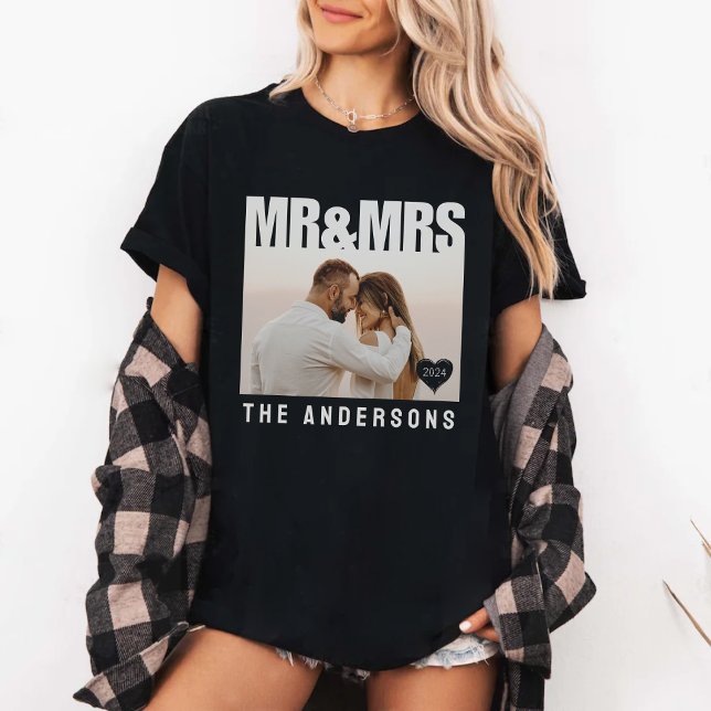 Mr & Mrs Photo Block Heart-årsdagen Namn Black T Shirt (Mr & Mrs Photo Block Heart Anniversary Names Black T-Shirt
)