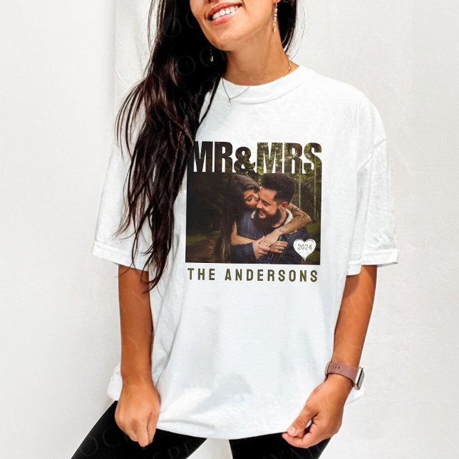 Mr & Mrs Photo Block Heart-årsdagen Namn T Shirt (Mr & Mrs Photo Block Heart Anniversary Name T-Shirt
)