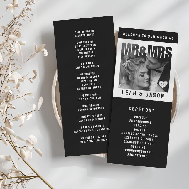 Mr & Mrs Photo Block Heart Black & White Bröllop Program (Mr & Mrs Photo Block Heart Black & White Wedding Program
)