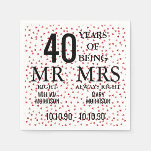 Mr Mrs Right Kul 40-årsjubileum Ruby Hearts Pappersservett