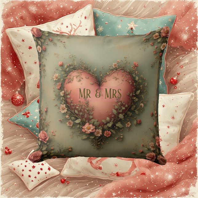 Mr & Mrs Romantiska Hjärtan Botanisk Grönska Trädg Kudde (Mr & Mrs Romantic Heart Botanical Greenery Garden Throw Pillow)
