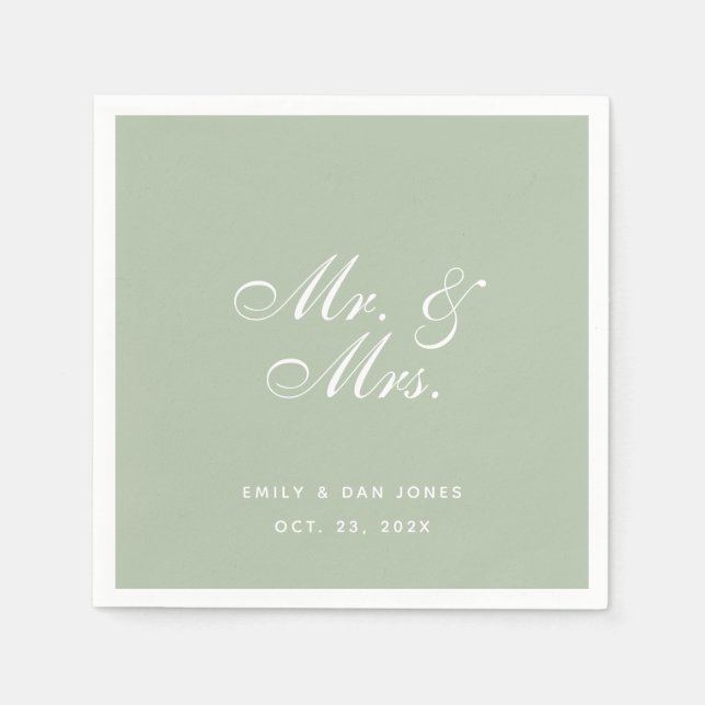 Mr. & Mrs Sage Bröllop White Elegant Script Grönt Pappersservett (Framsidan)