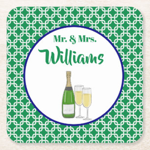 Mr. & Mrs Script Bride & Groom Champagne Underlägg Papper Kvadrat