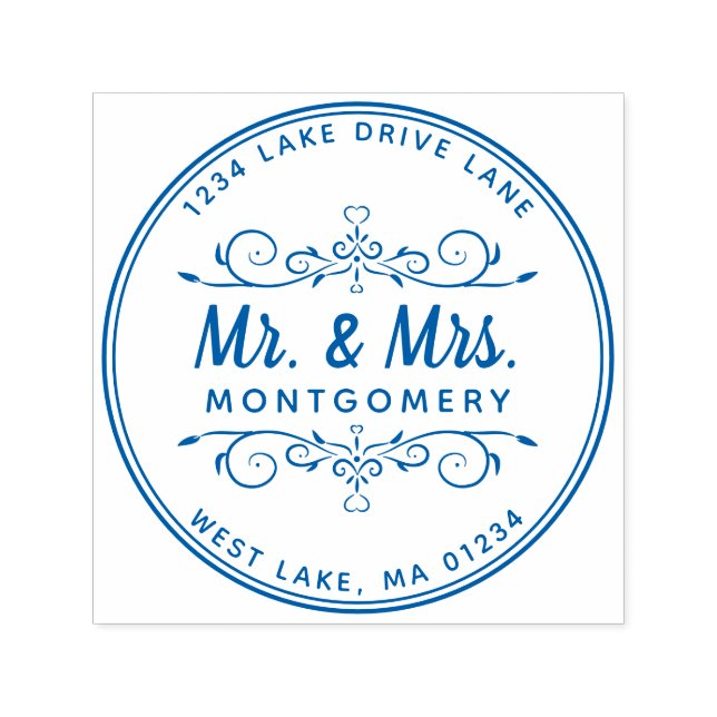 Mr. & Mrs Script Heart Blommigt Returadress Självfärgande Stämpel (Design)