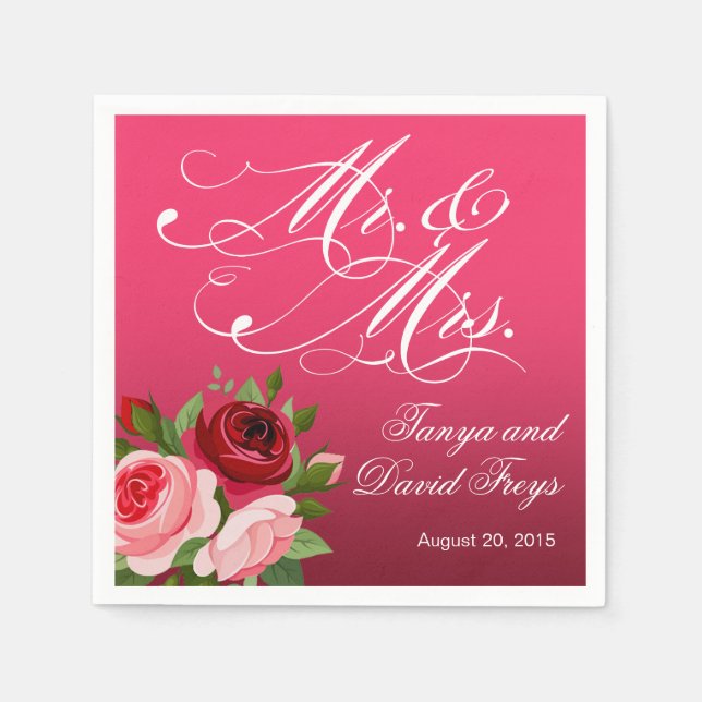 Mr & Mrs. Script Typography Ro Blommigt fuchsia Pappersservett (Framsidan)