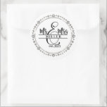 Mr. & Mrs. Sticker Runt Klistermärke<br><div class="desc">This round shape sticker is shown with a custom name Mr. & Mrs. print,  personalize and change the name and year to yours with this template.</div>