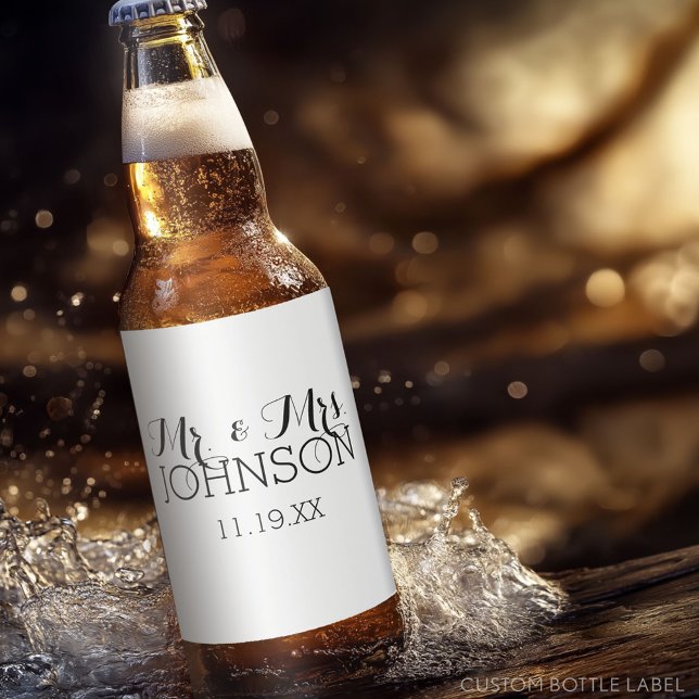 Mr & Mrs Wedding Favor - minimalistisk Black White Ölflaska Etikett (Custom Party Beer Label - Wedding Anniversary)