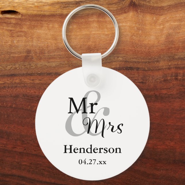 Mr & mrs Wedding Favor Nyckelrings with Namn & Dat Nyckelring (Framsida)