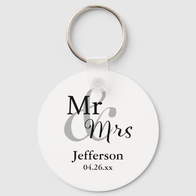 Mr & mrs Wedding Favor Nyckelrings with Namn & Dat Nyckelring (Framsida)