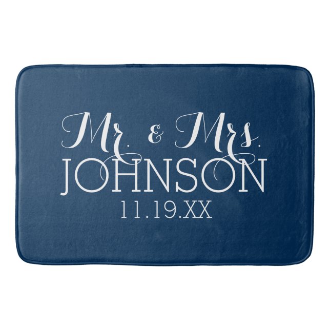 Mr & Mrs Wedding Favor Solid Färg Navy Blue Badrumsmatta (Framsidan)